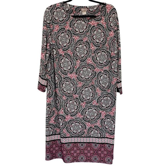 Chico's 3 Shift Dress Womens 16/18 Pink Black Floral Geometric Long Sleeve Art - Picture 1 of 7
